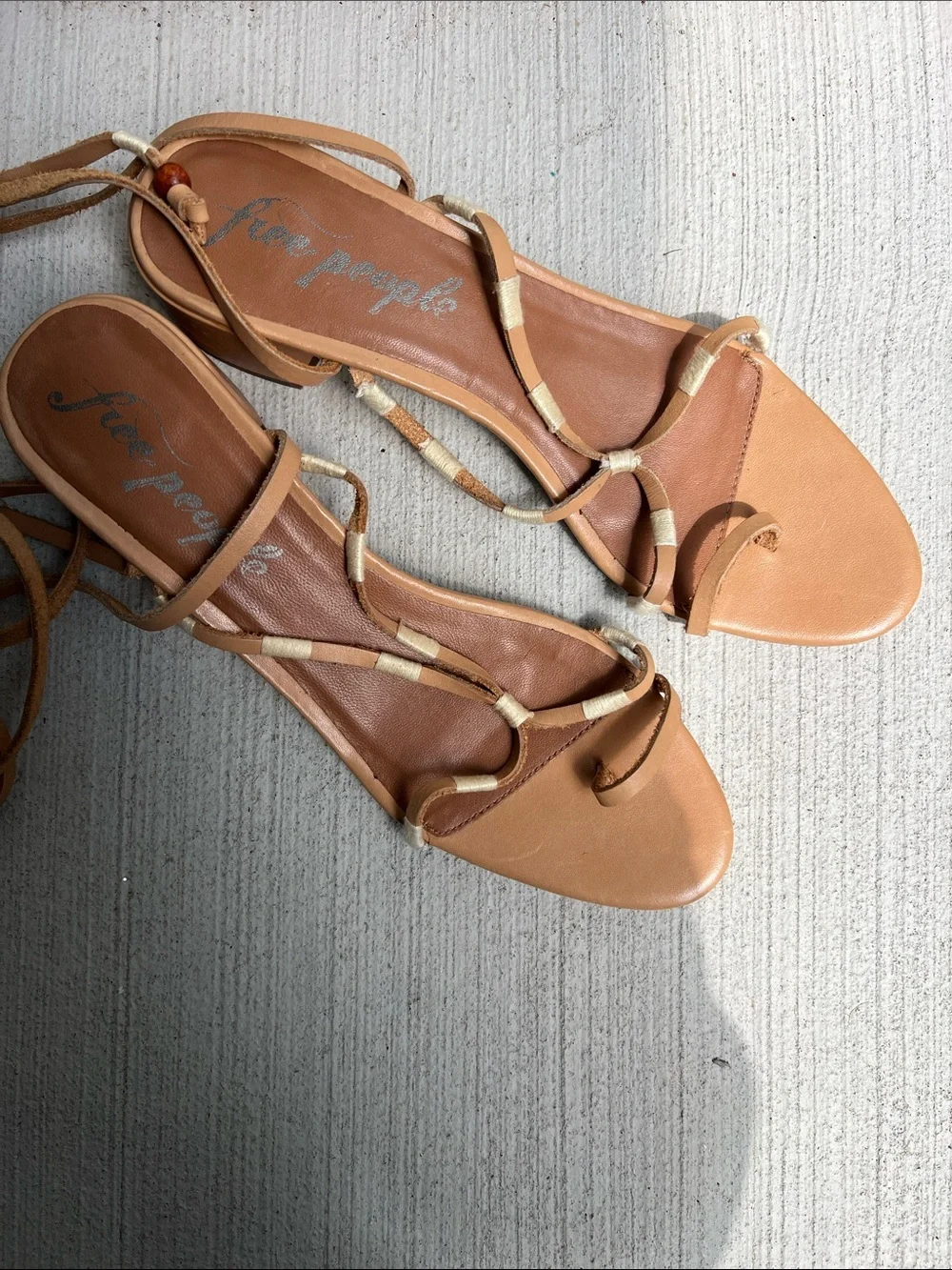 Free People Hermosa Tan Wrap-Around Boho Leather Sandals with Bead Detail 9.5